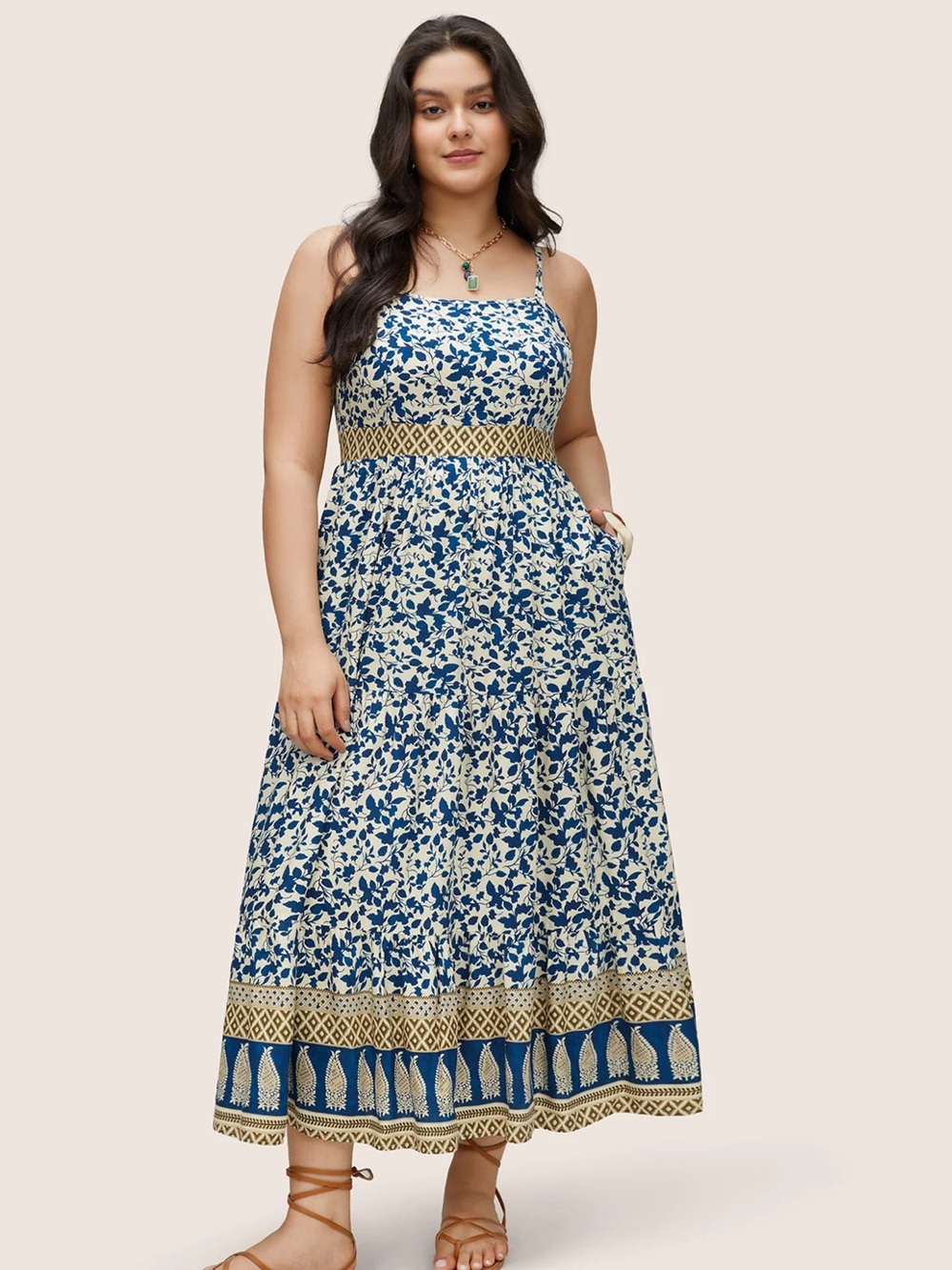 Blue and Cream Floral Maxi Dress with Contrast Waistband (with pockets)